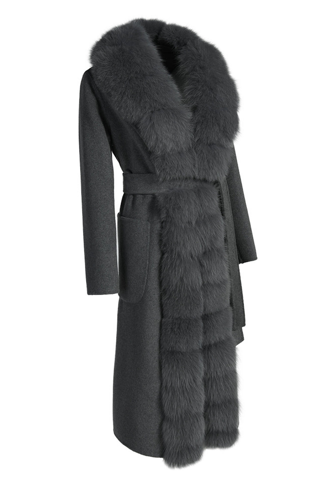 Elegant grey double-faced cashmere coat with a refined silhouette, cinched waist belt, and soft genuine grey fox fur trim for added warmth and sophistication.