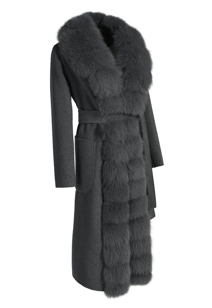 Elegant grey double-faced cashmere coat with a refined silhouette, cinched waist belt, and soft genuine grey fox fur trim for added warmth and sophistication.