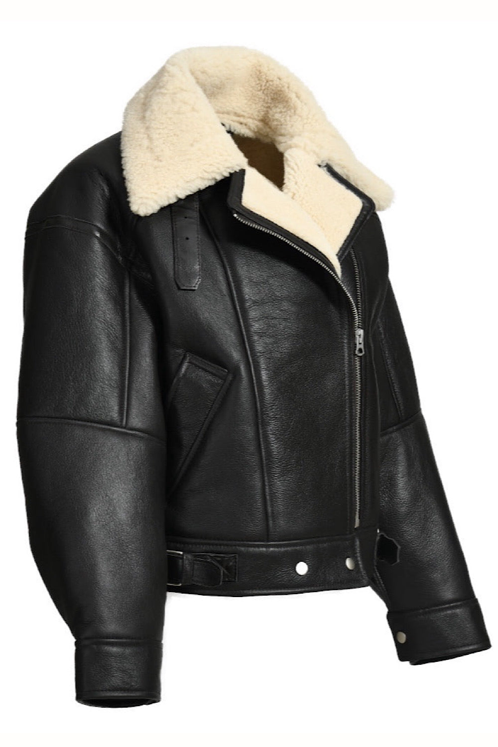 Cropped aviator bomber jacket made from thick black sheepskin and lined with warm shearling, combining a feminine oversized sporty style with excellent insulation for cold weather.