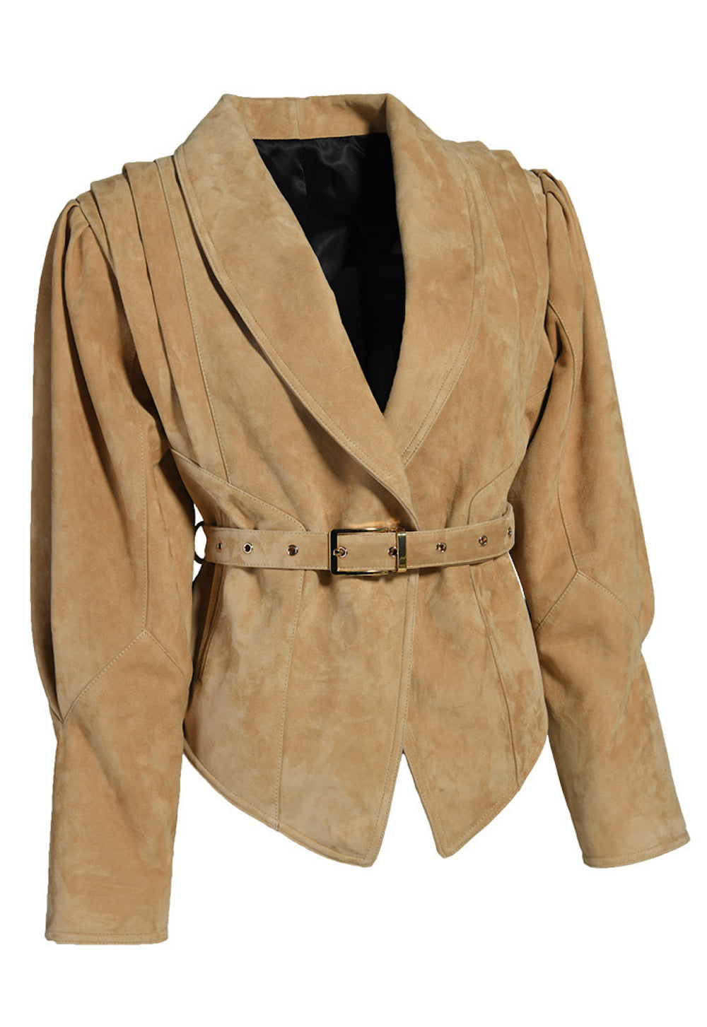 Elegant beige suede jacket with a flattering cut and belted waist, blending timeless design with modern sophistication.