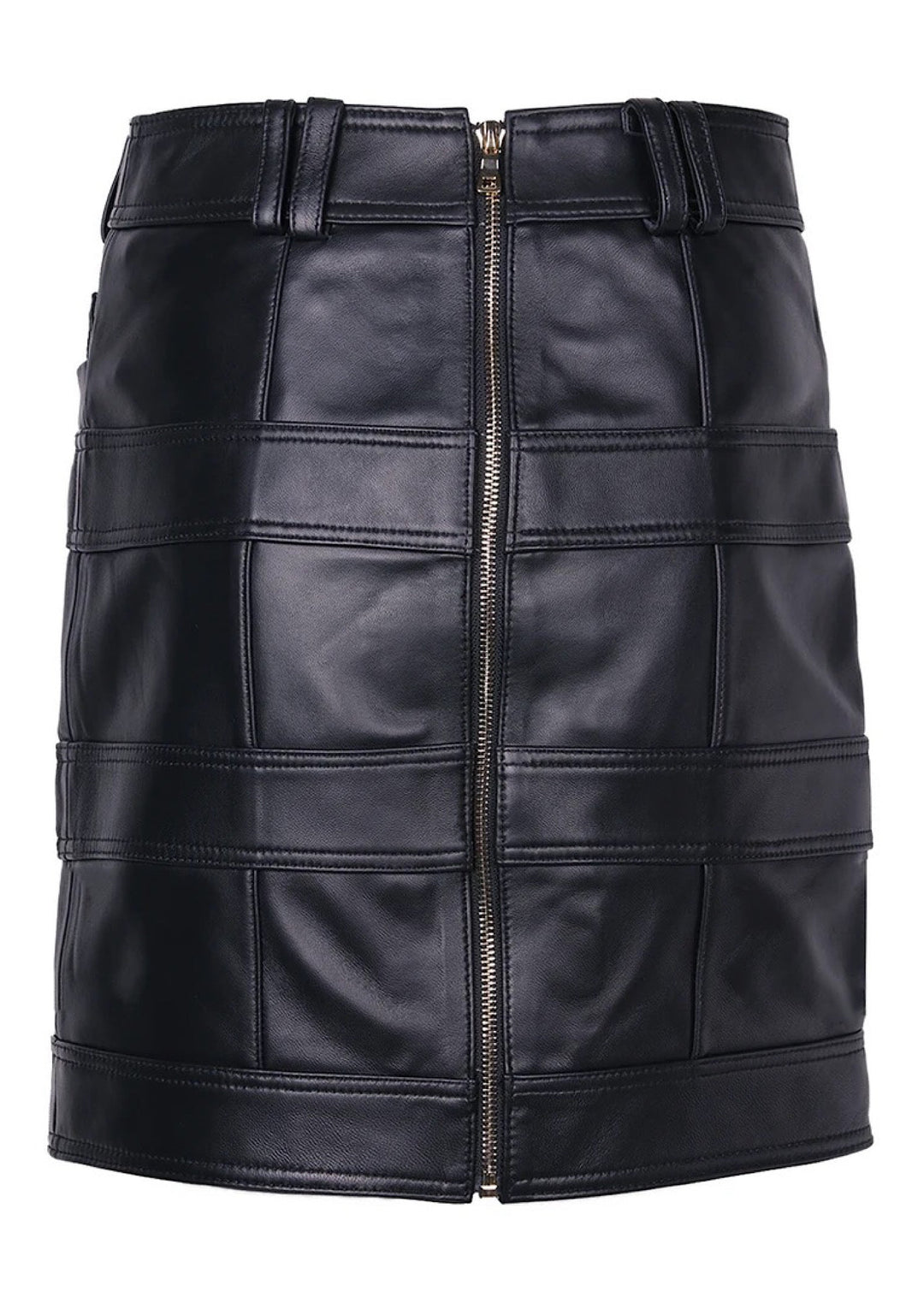Sleek lambskin leather skirt with a clean high-rise design and a flattering silhouette, finished in matching tone for coordinated styling.