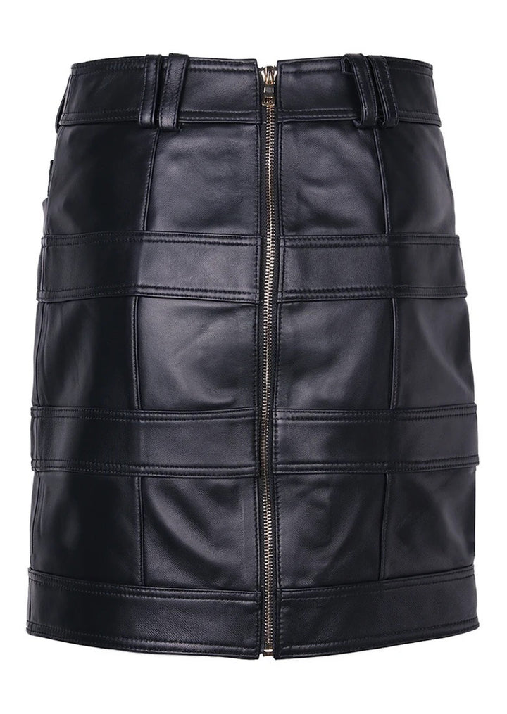 Sleek lambskin leather skirt with a clean high-rise design and a flattering silhouette, finished in matching tone for coordinated styling.