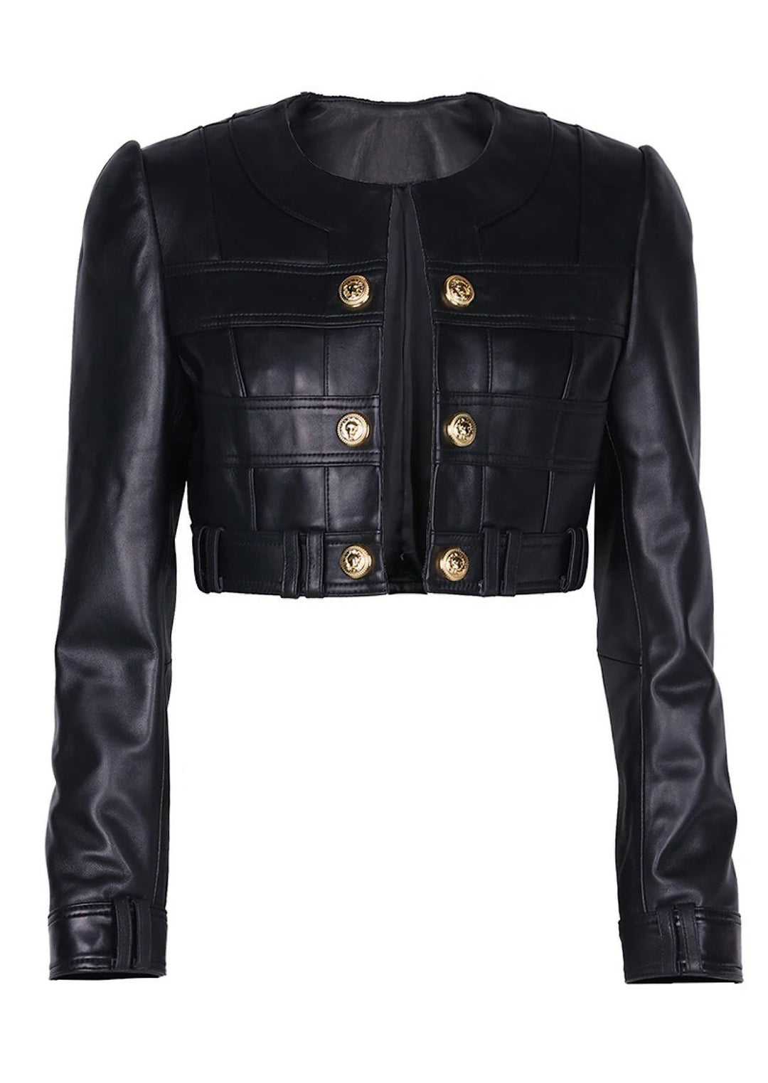 Classic cropped jacket made of premium genuine lambskin leather, designed with clean lines and gold-tone buttons that add a touch of sophistication.