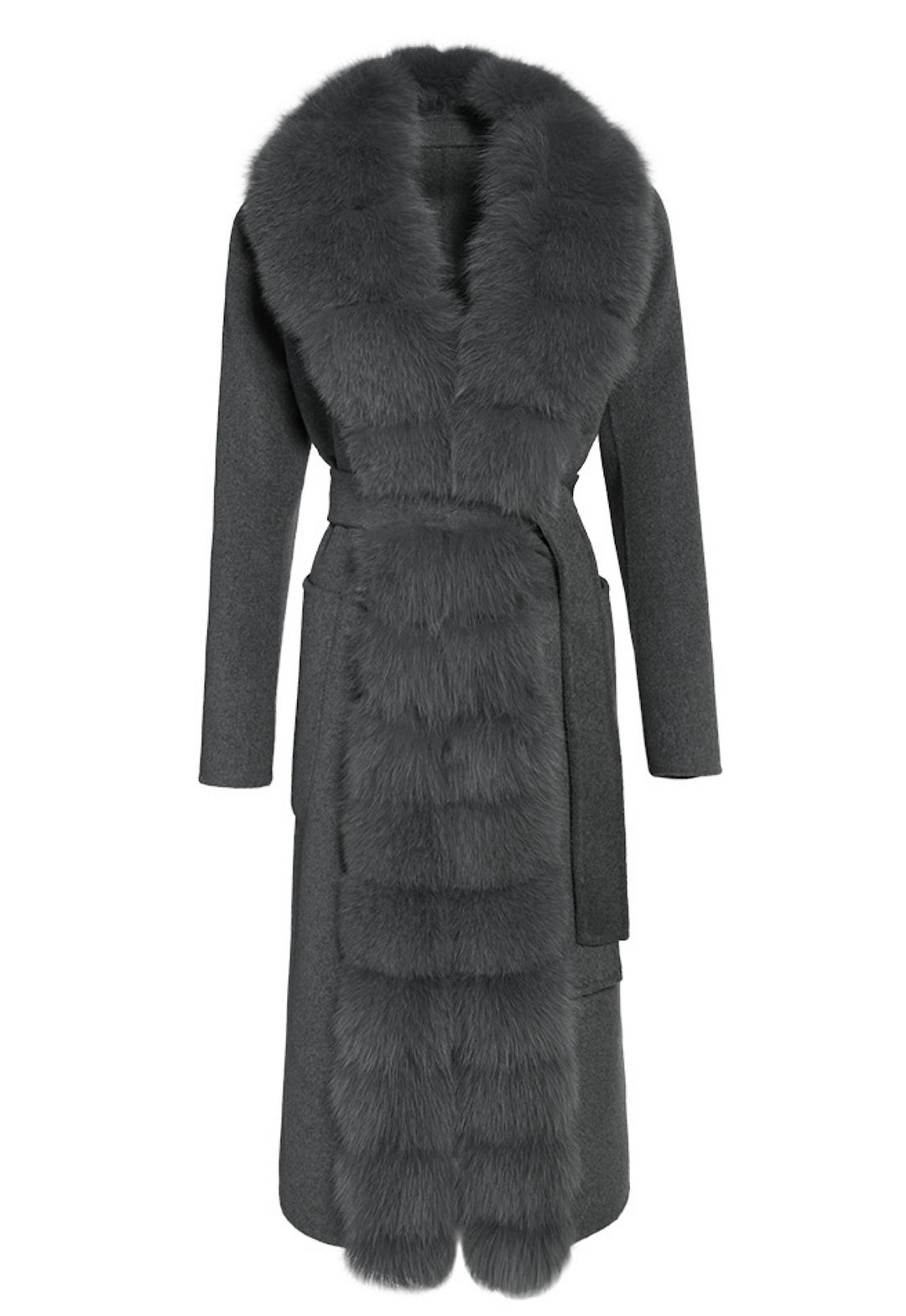Expertly tailored grey coat crafted from 100% double-faced cashmere, featuring clean lines, a matching belt, and a luxurious genuine grey fox fur trim along the front.