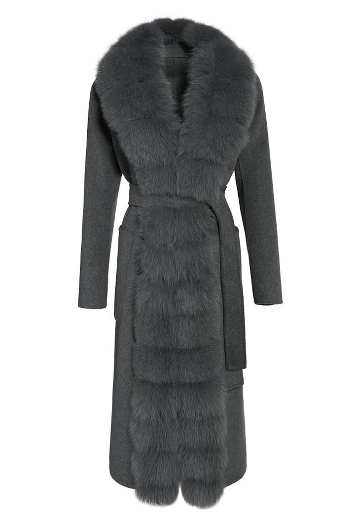 Expertly tailored grey coat crafted from 100% double-faced cashmere, featuring clean lines, a matching belt, and a luxurious genuine grey fox fur trim along the front.