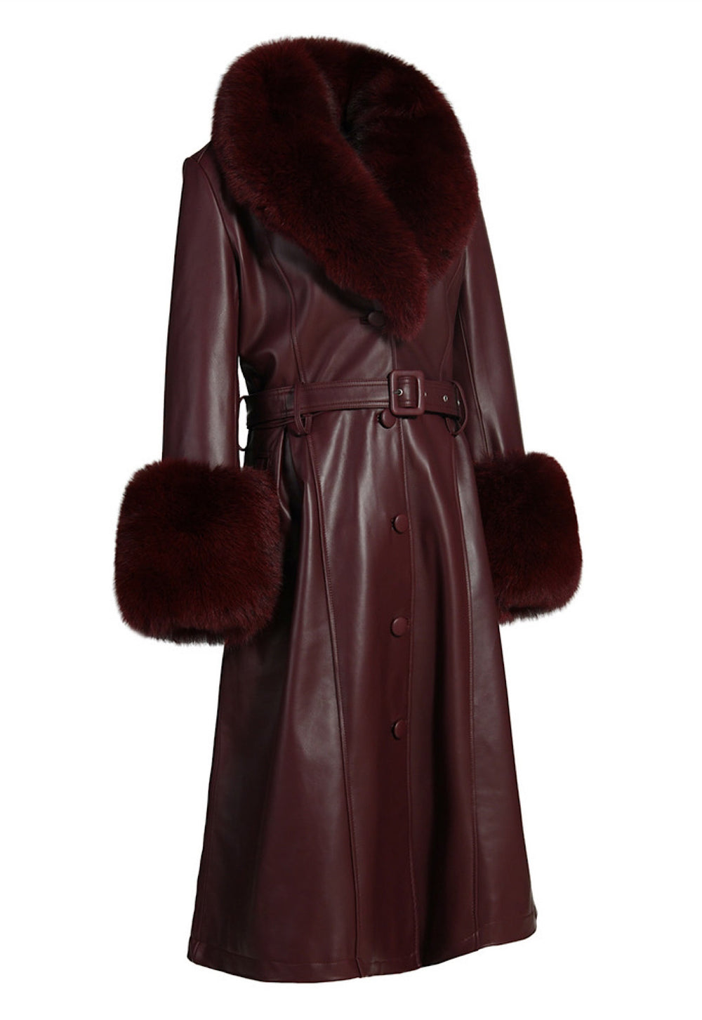 Long burgundy leather trench coat with matching fox fur collar and cuffs, high quality Italian designed, genuine Lambskin leather with belt.
