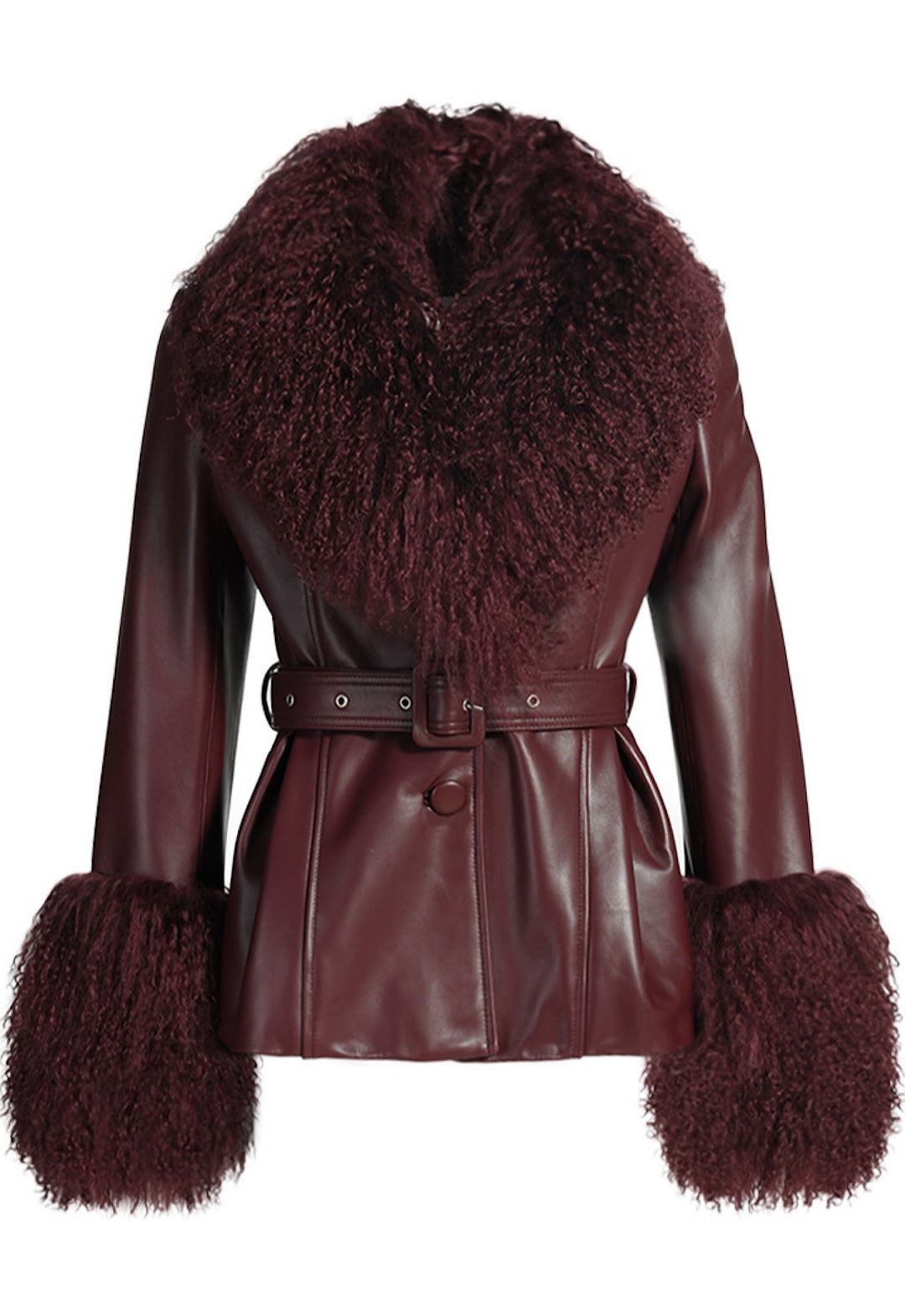Burgundy leather jacket crafted from soft lambskin, featuring a plush maxi Mongolian fur collar and fur-trimmed cuffs for timeless elegance.