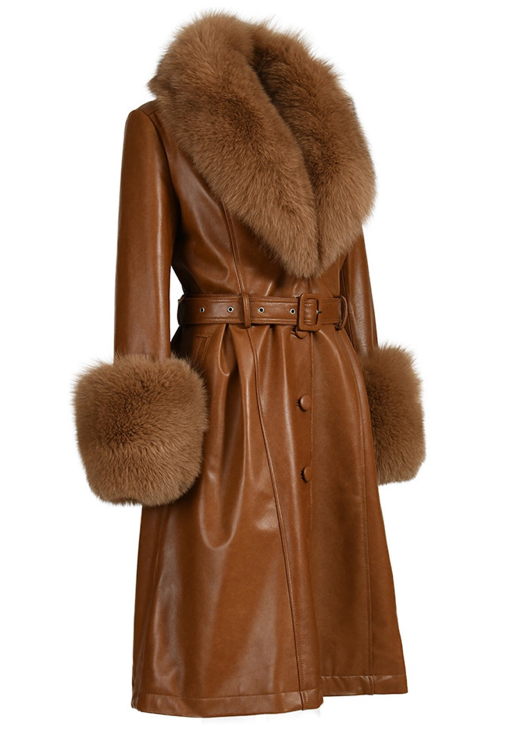 Chic long brown leather trench coat with plush fox fur accents, offering a high-fashion look and upscale warmth for women.