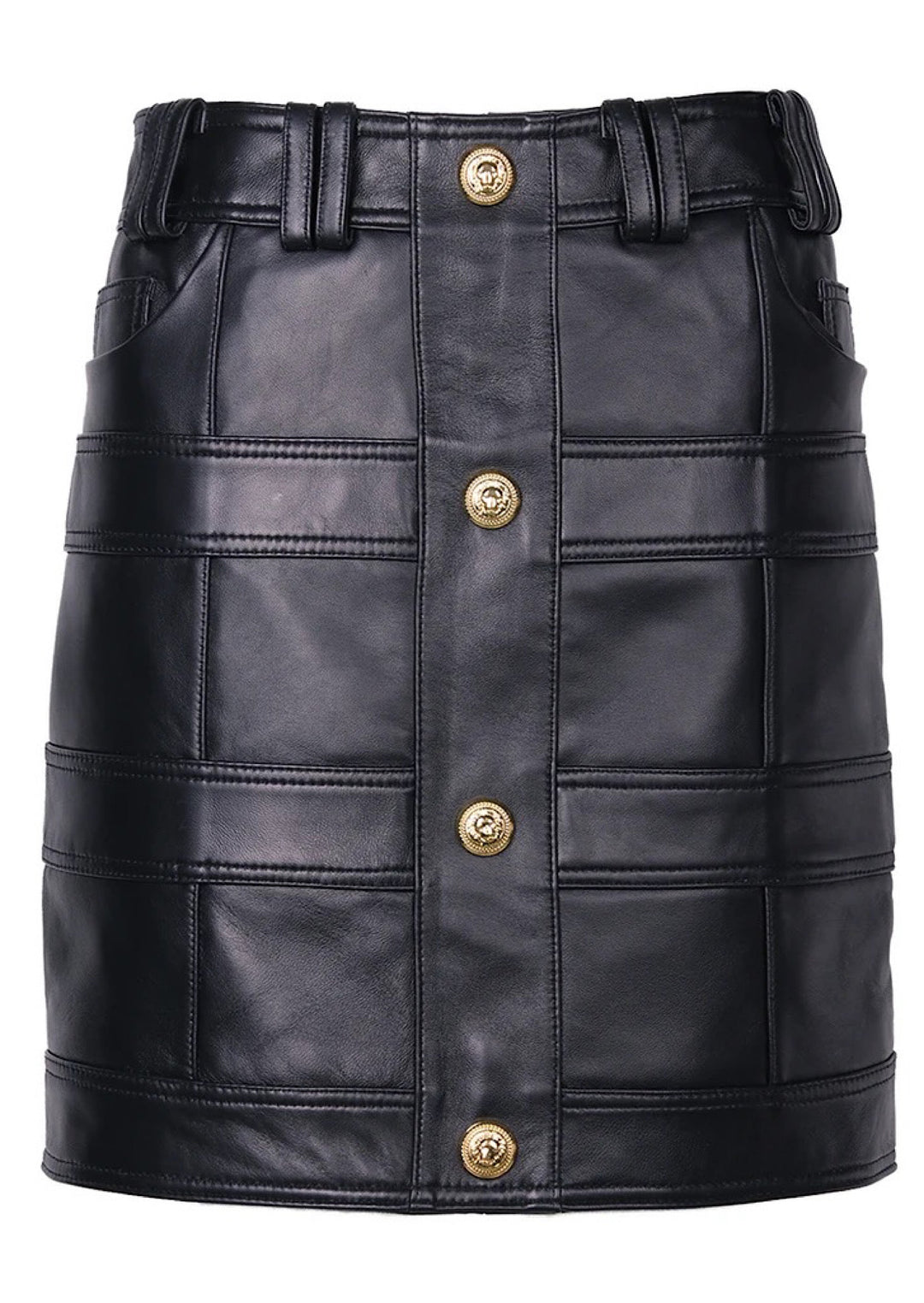High-waisted leather skirt crafted from genuine lambskin, offering a smooth finish and timeless structure that pairs seamlessly with tailored pieces.