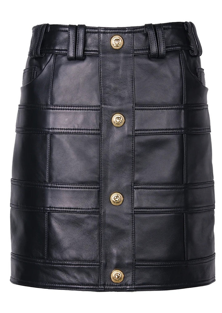 High-waisted leather skirt crafted from genuine lambskin, offering a smooth finish and timeless structure that pairs seamlessly with tailored pieces.
