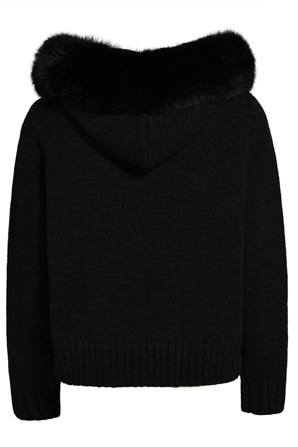 Chic black cashmere outerwear with plush fox fur details, blending comfort with sophistication.