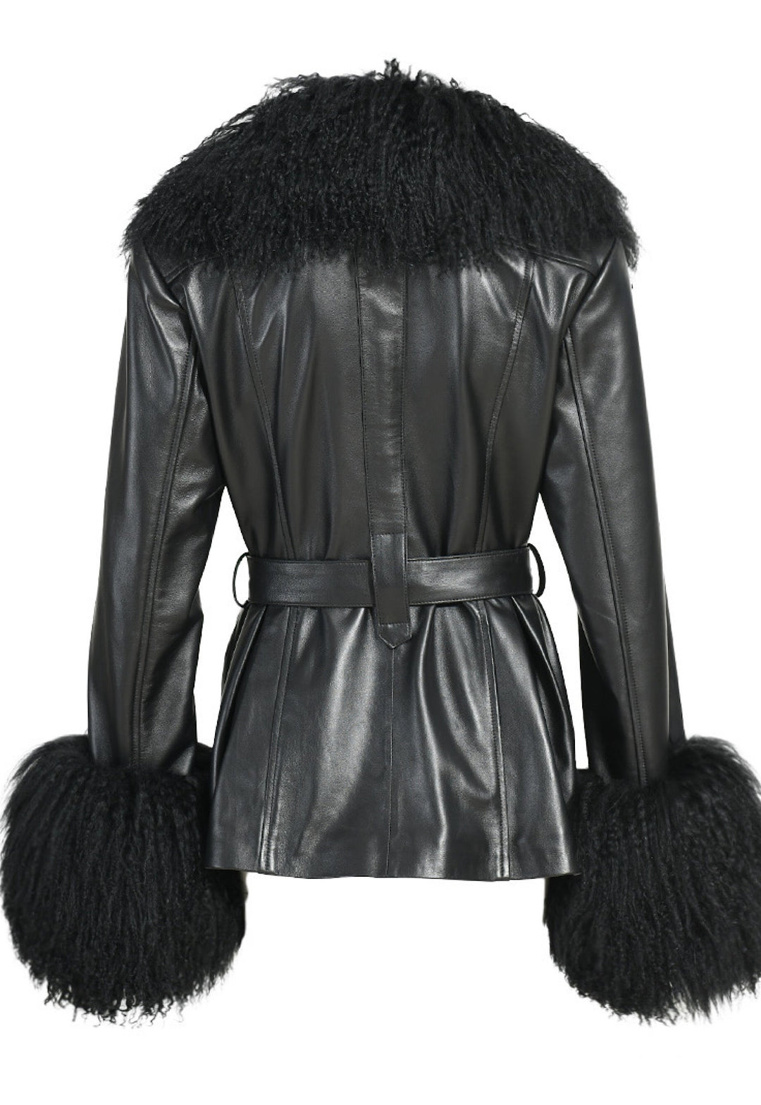 High quality black leather jacket with Mongolian fur, blending elegance and edge.