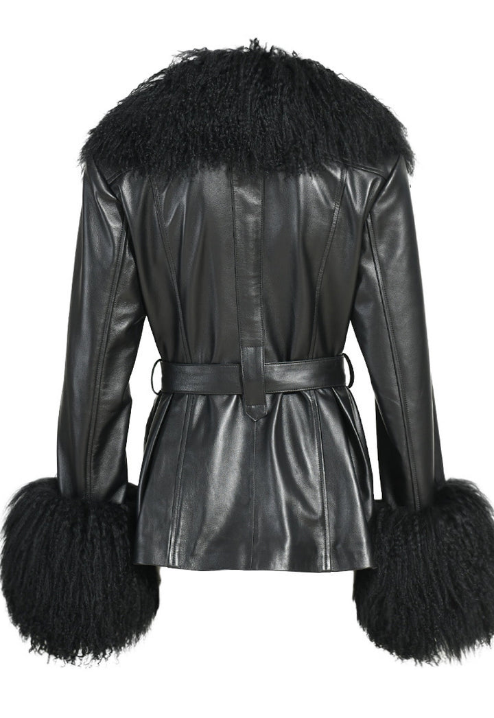 High quality black leather jacket with Mongolian fur, blending elegance and edge.