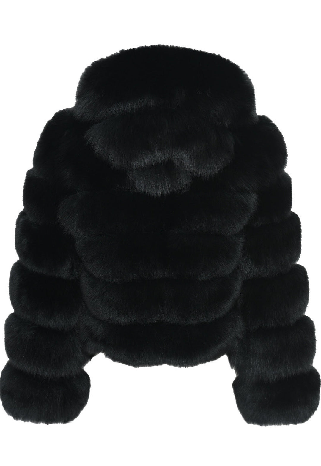SERINA black hooded fox fur coat for women in soft luxury fur with horizontal panels, perfect for winter warmth