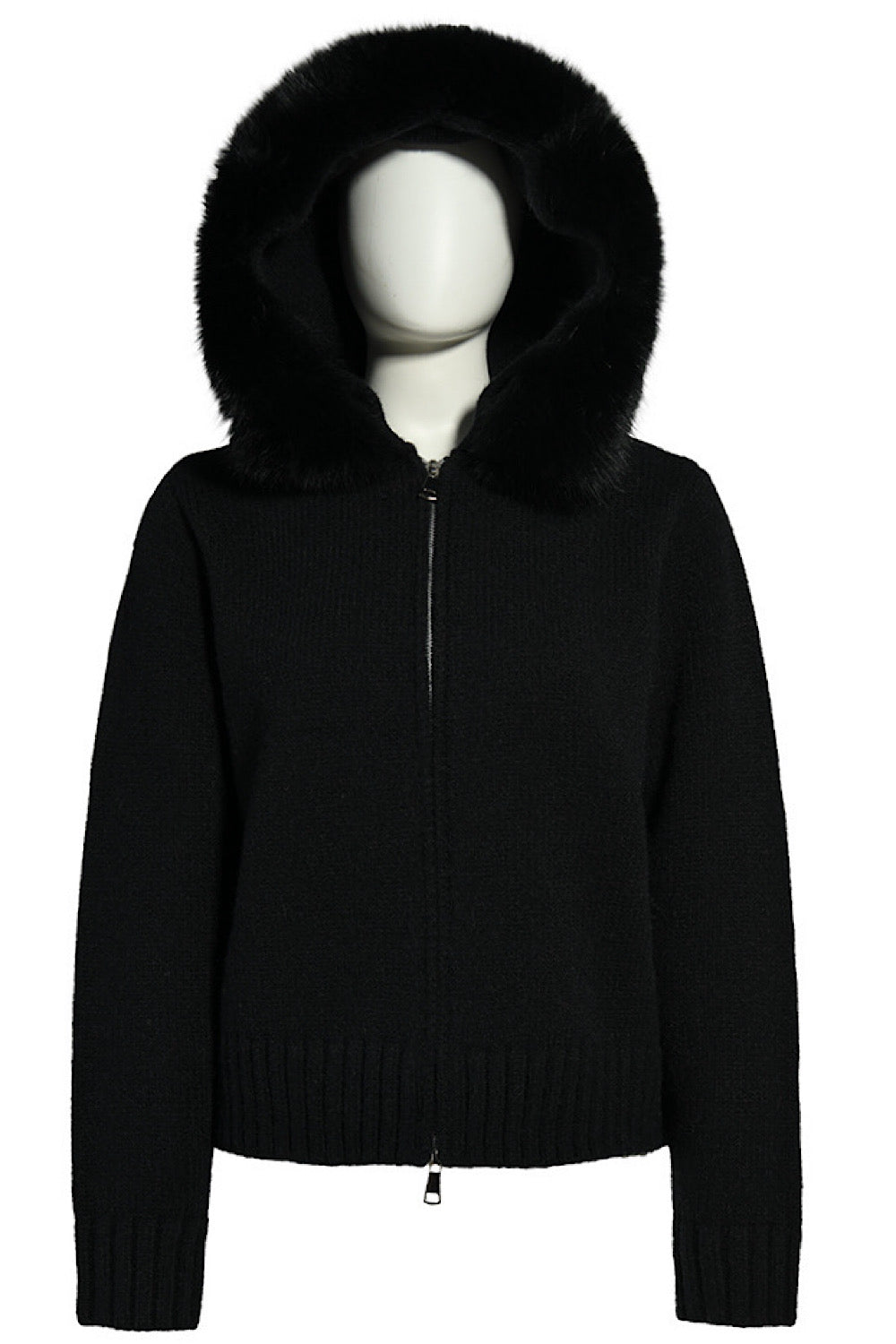 Luxurious black cashmere coat featuring soft black fox fur accents, perfect for cozy yet refined style.