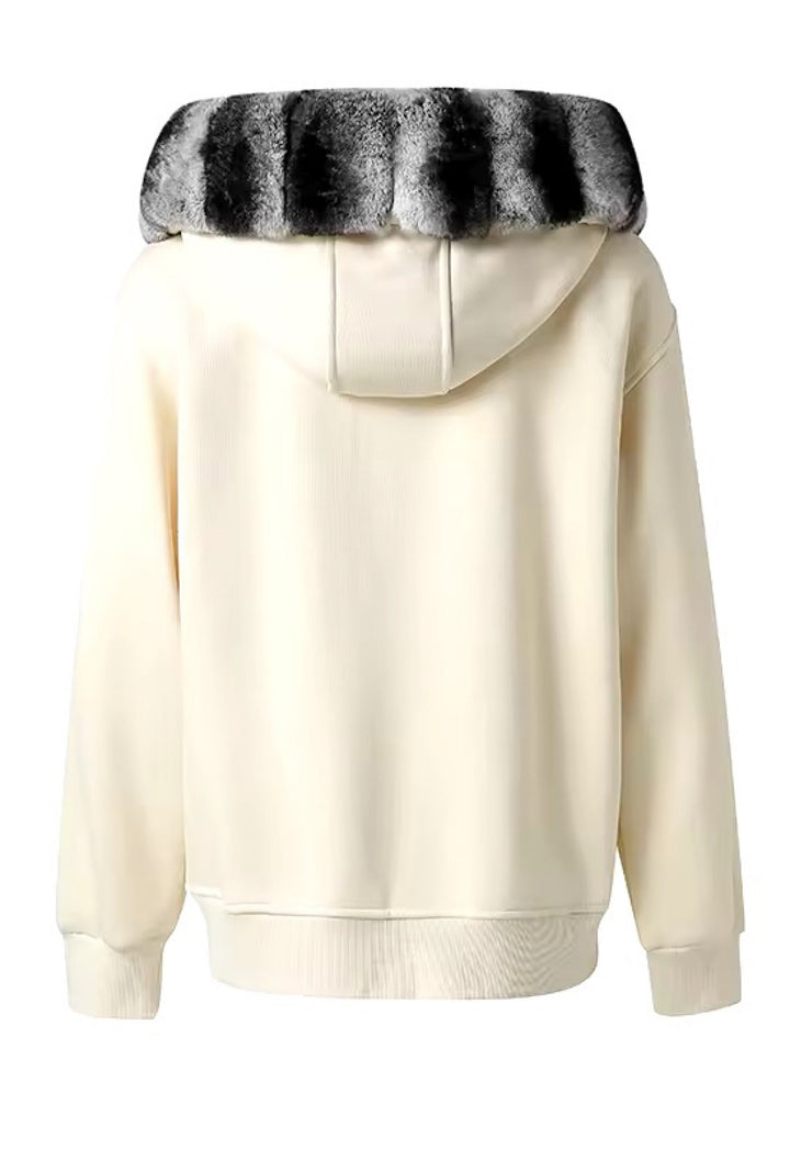 Stylish winter hoodie in ivory genuine Rex Rabbit fur, designed with a detachable lining for easy maintenance and warmth.
