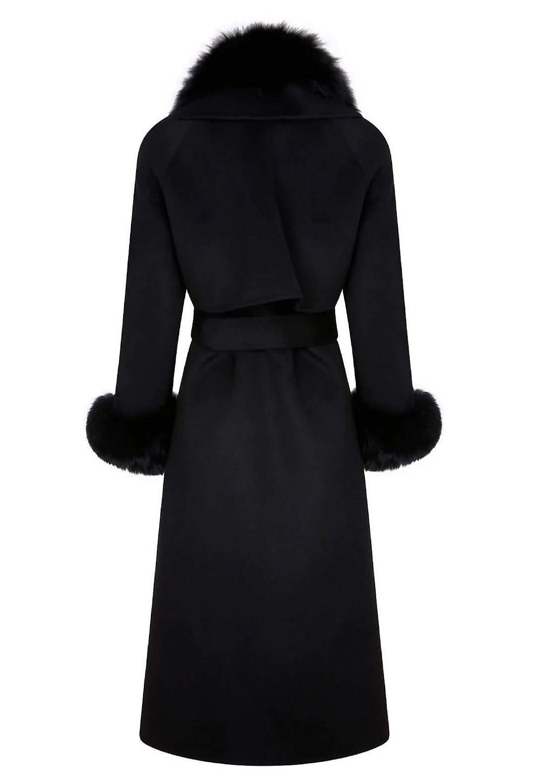 A fashionable black fringe cashmere coat adorned with a soft black fox fur collar. The combination of fringe and fur elevates the coat's elegance, making it perfect for sophisticated winter wear.
