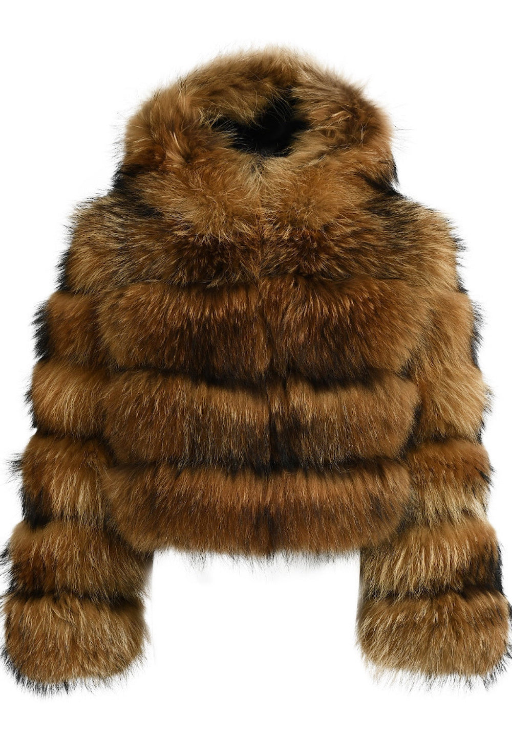Luxurious raccoon fur coat with a dense, structured look created by horizontal panels and an oversized hood, designed to withstand extreme cold down to -25ºC.