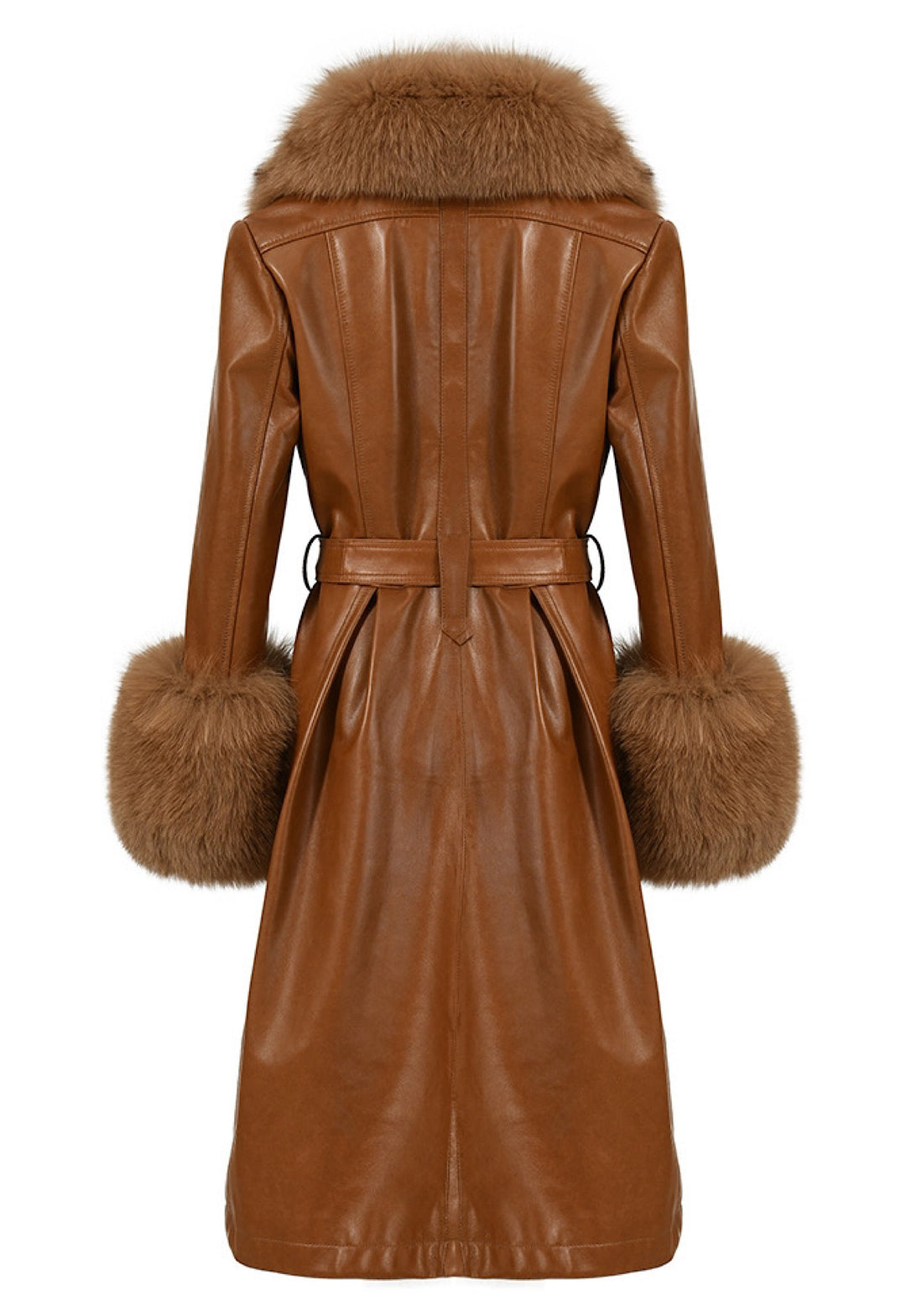Elegant and long brown leather trench coat with fox fur trim, designed for women who appreciate high-quality, designer outerwear.