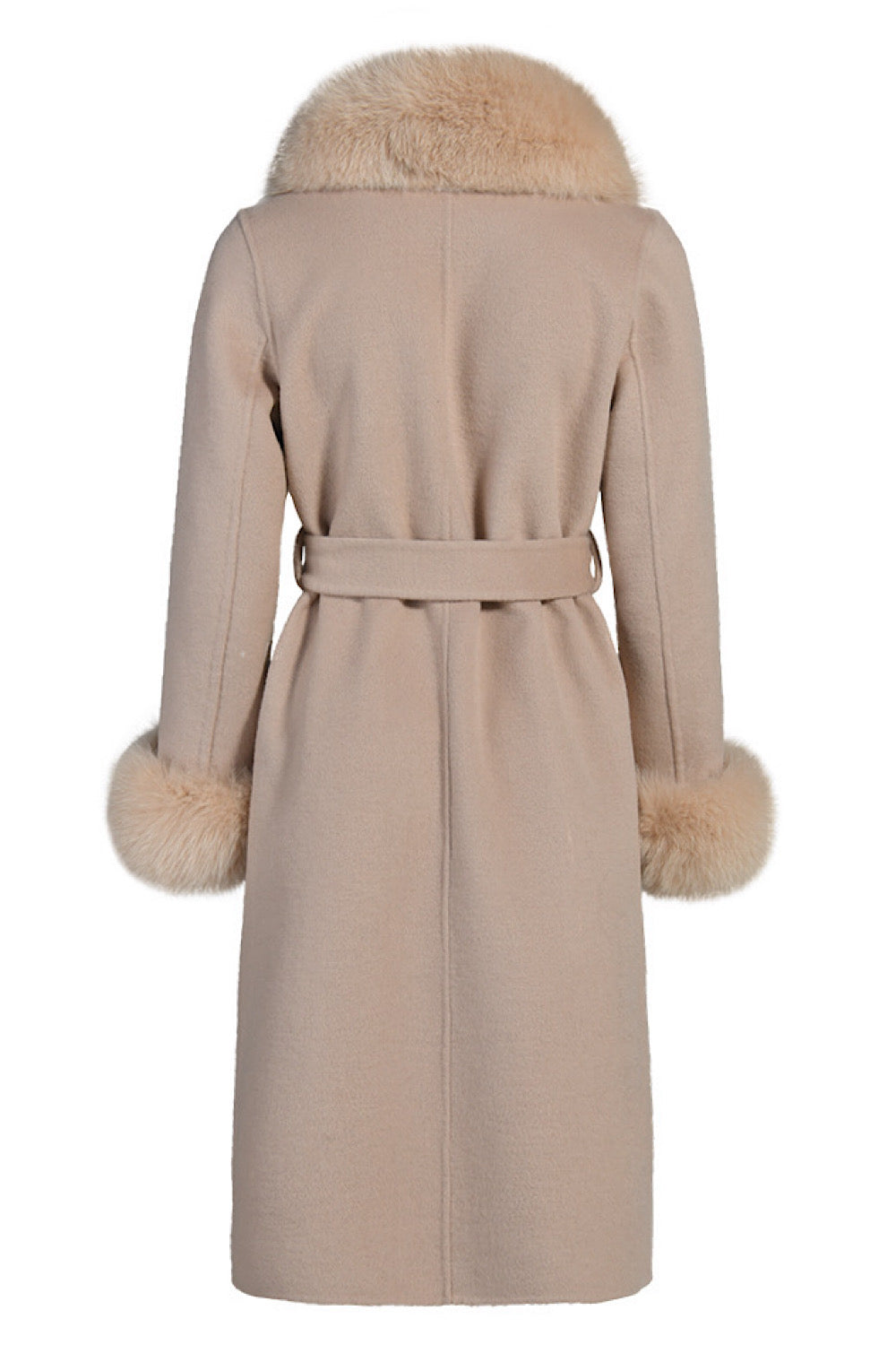 Back view of a beige cashmere coat with fringes and a fox fur collar, featuring a belt and luxurious details.