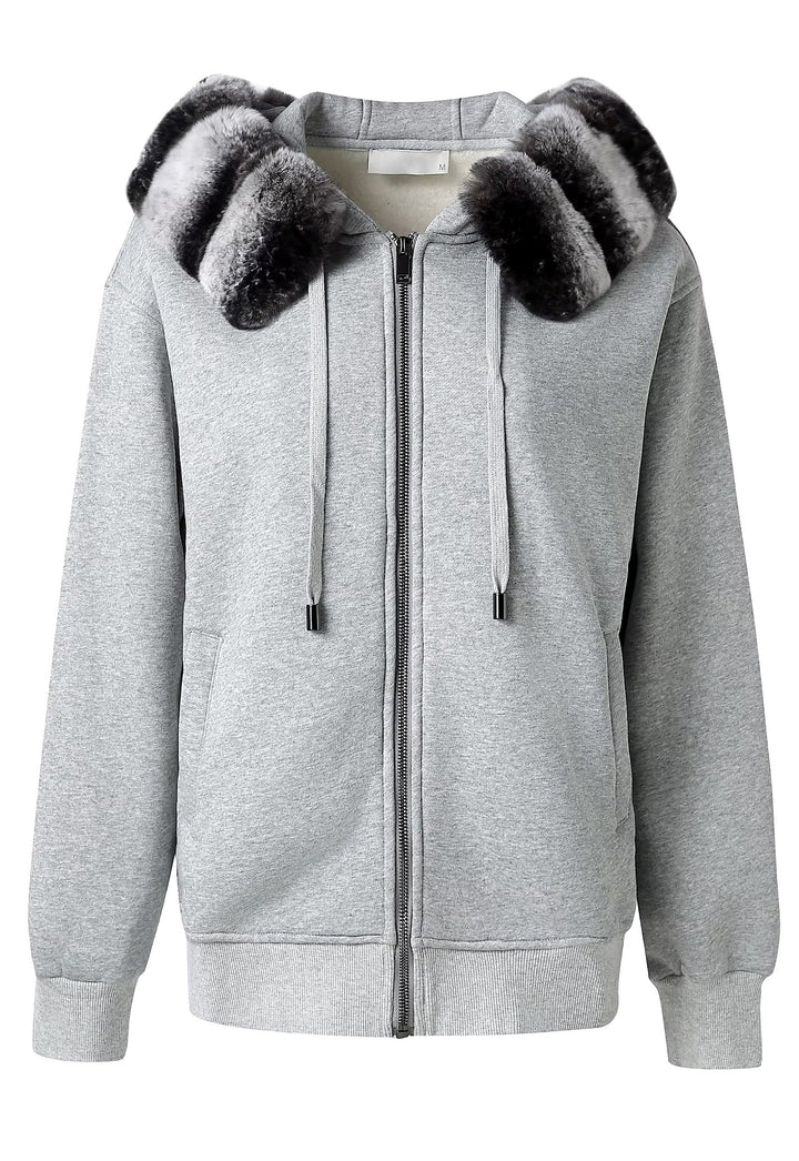 Luxurious Rex Rabbit Hoodie made from ultra-soft fur, featuring a detachable fur lining and front zip for versatile winter wear.