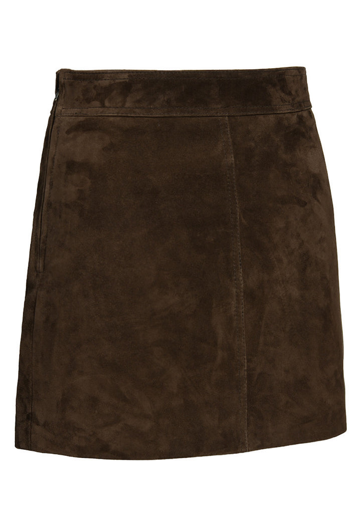 High-waisted brown suede mini skirt styled with a tailored cropped jacket, offering a modern, chic set perfect for day-to-night wear.