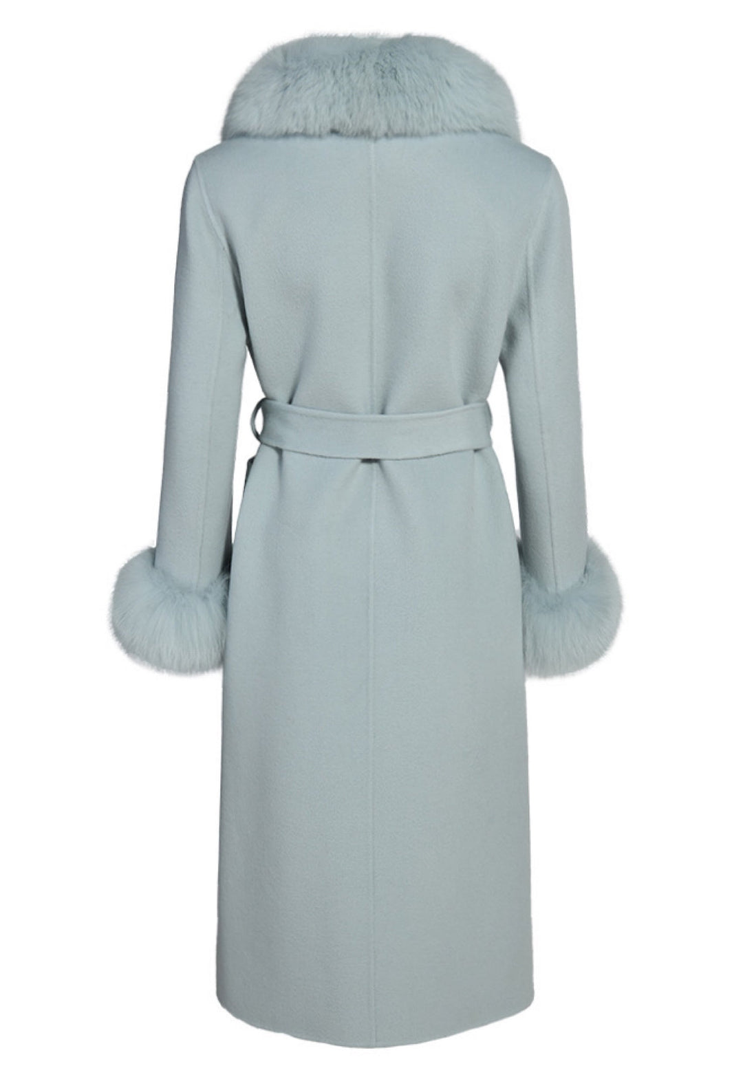 Back view of the pastel blue cashmere coat showing smooth fabric finish and genuine fox fur trim along the collar and cuffs.
