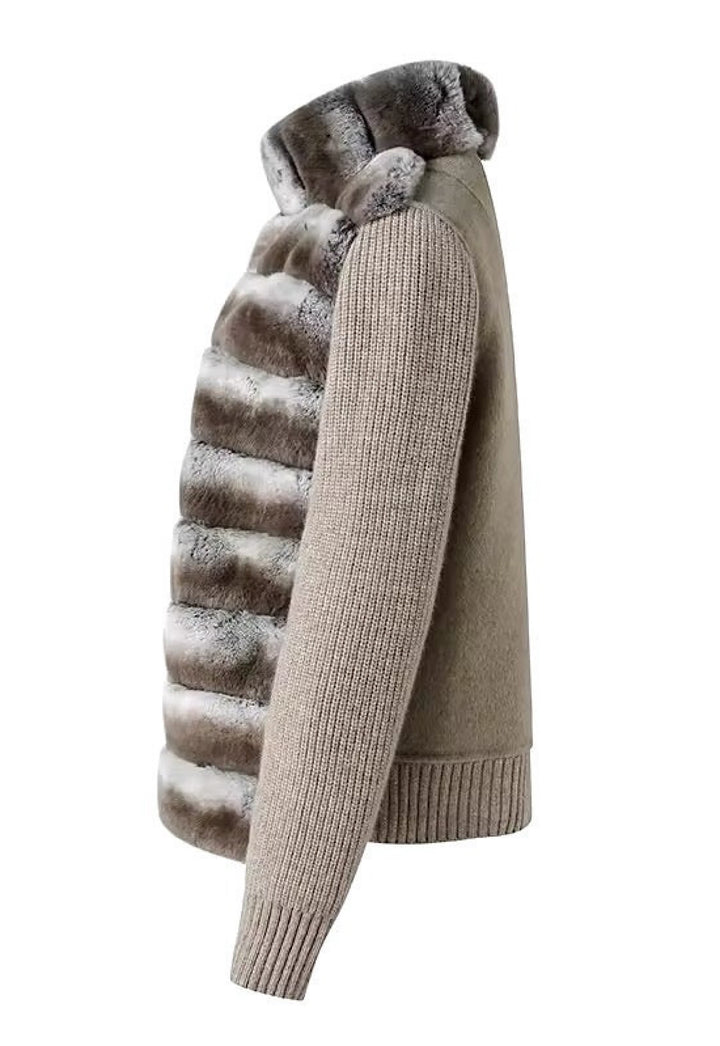 Front view of a luxurious cashmere sweater-jacket hybrid, trimmed with genuine Rex Rabbit fur in chinchilla tones, highlighting its tailored silhouette and plush accents.