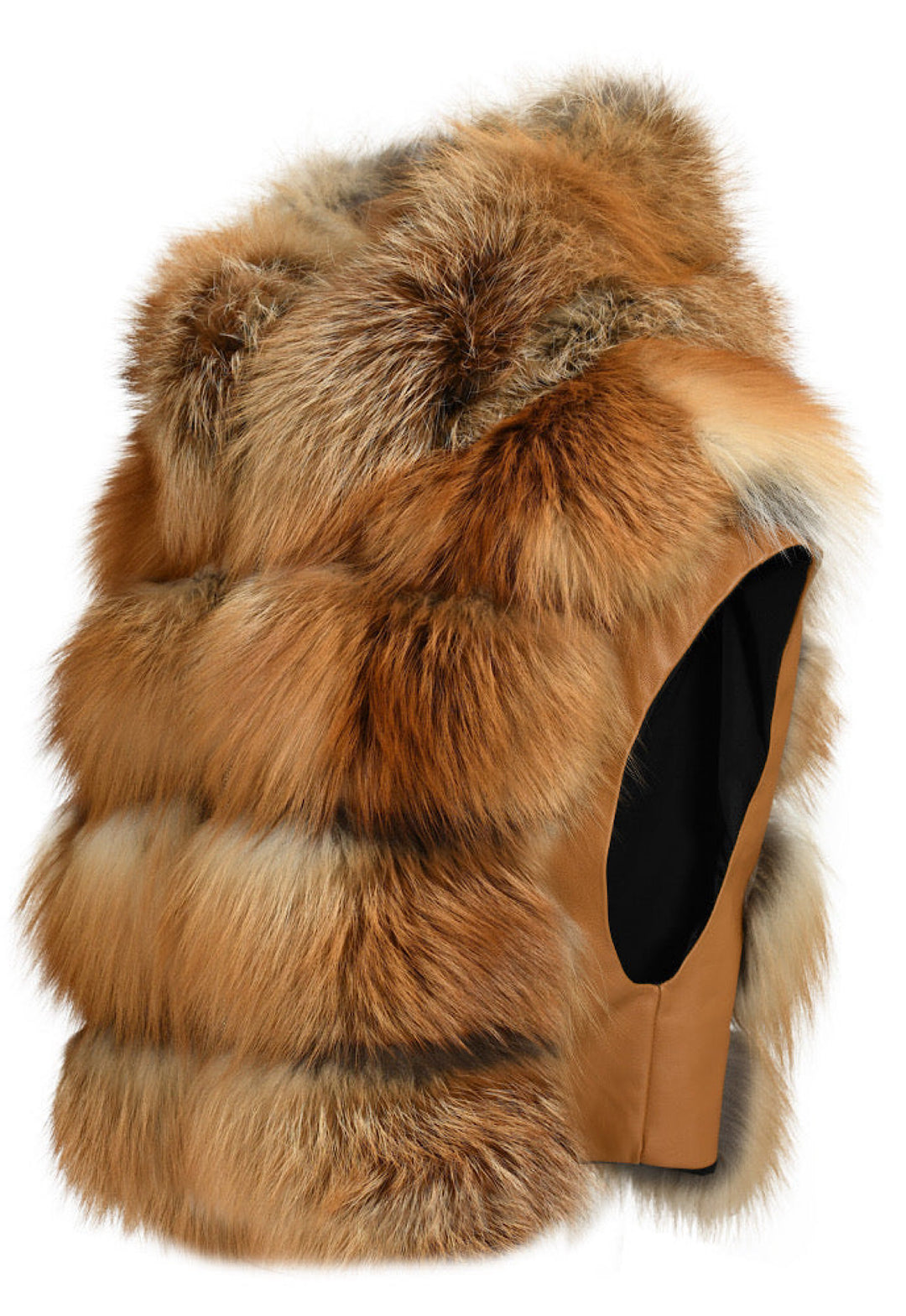Statement fox fur gilet in deep red hues, featuring a cropped cut and plush finish for refined, functional winter layering.