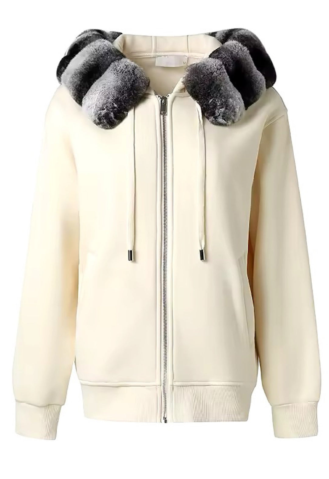Luxurious ivory Rex Rabbit Hoodie made from ultra-soft fur, featuring a detachable fur lining and front zip for versatile winter wear.