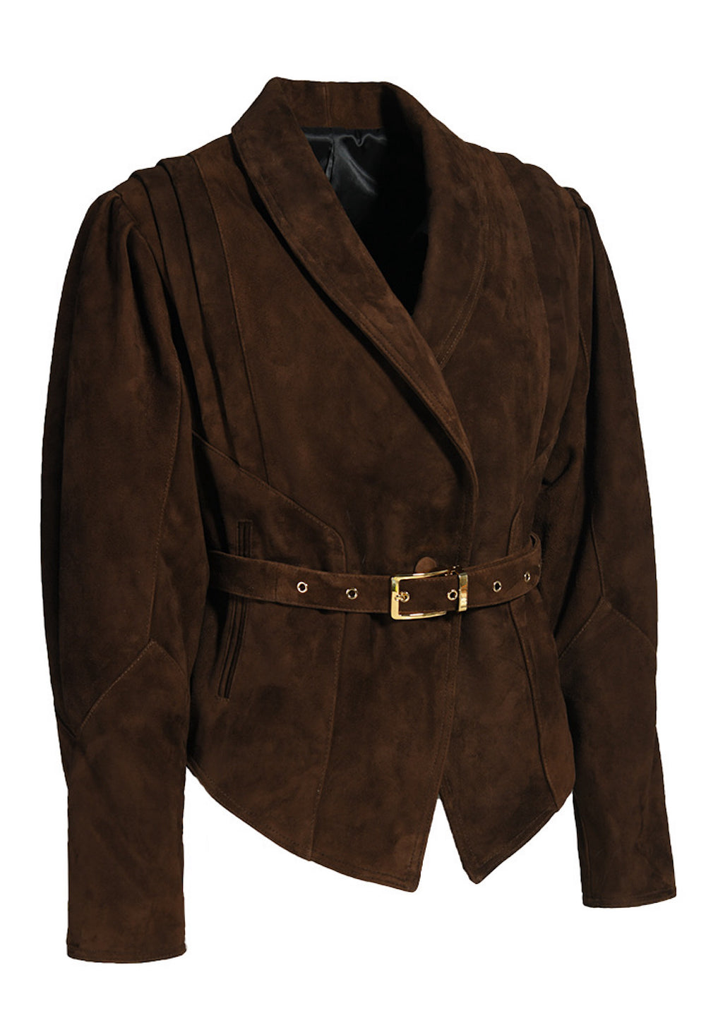 Elegant dark brown suede jacket with a flattering cut and belted waist, blending timeless design with modern sophistication.