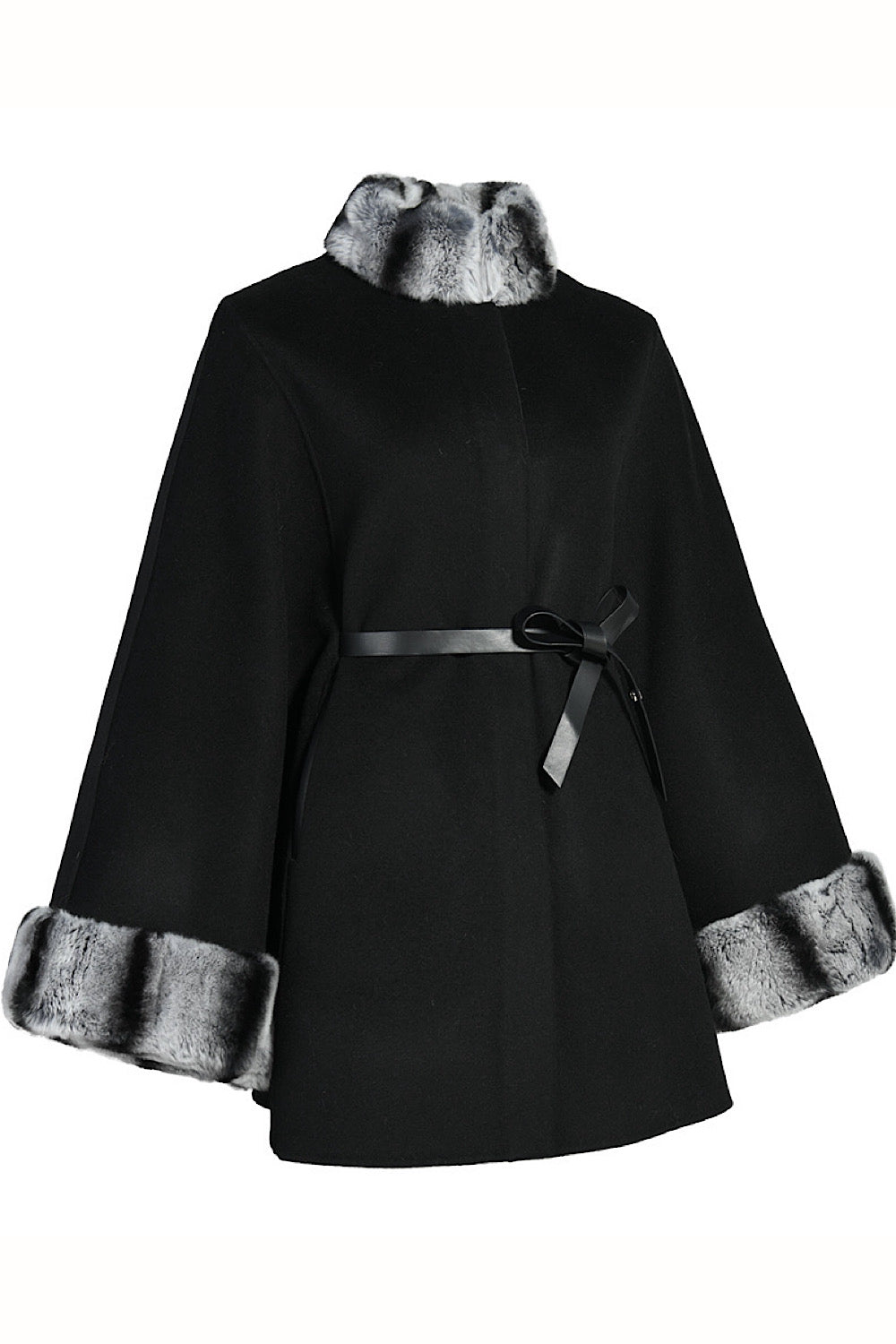 Elegant curve-fit cape in luxurious double-faced cashmere, featuring a classic cut, refined funnel neck, and plush rex rabbit fur detail.