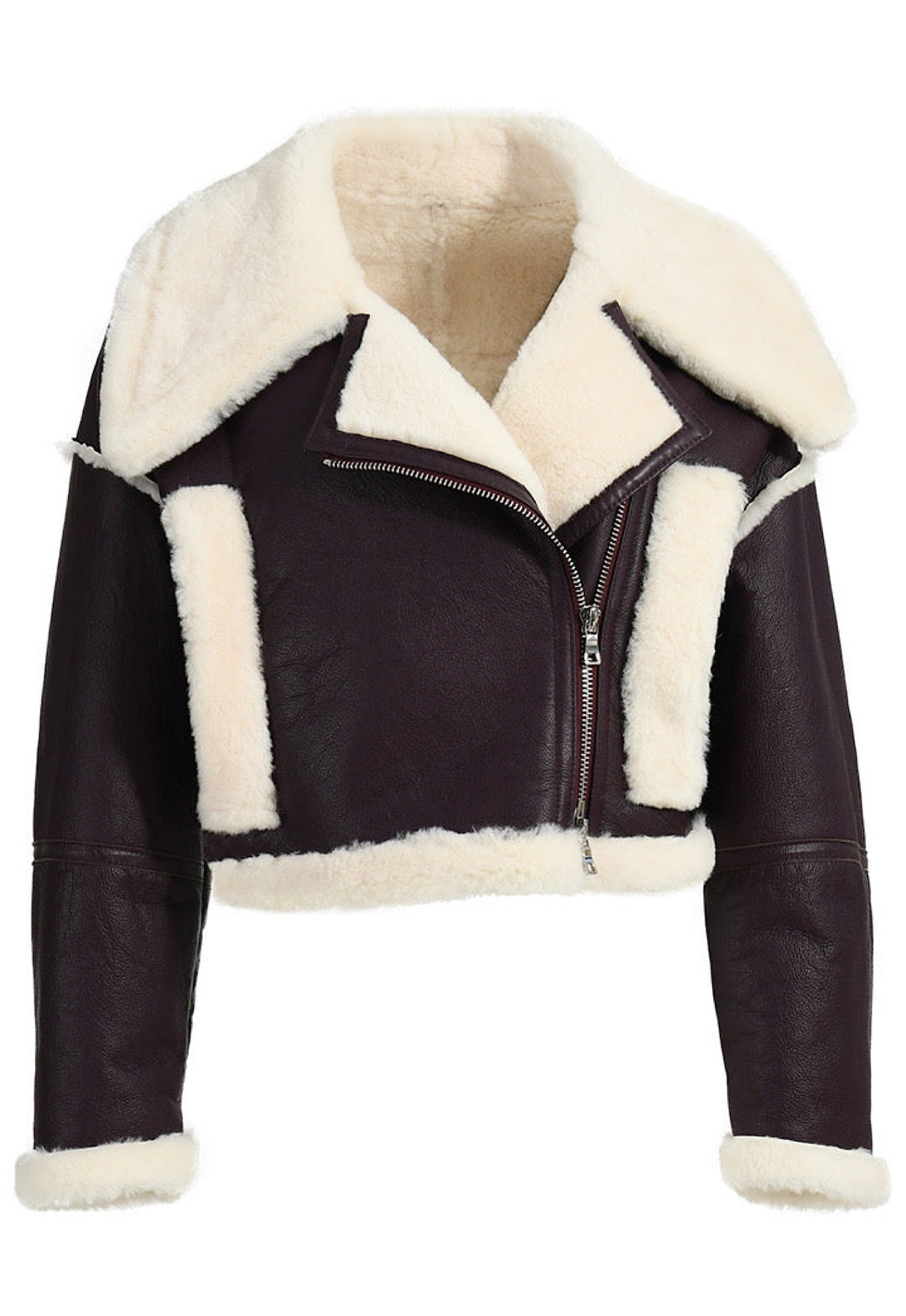 cropped black shearling leather jacket, offering a blend of warmth and urban style.