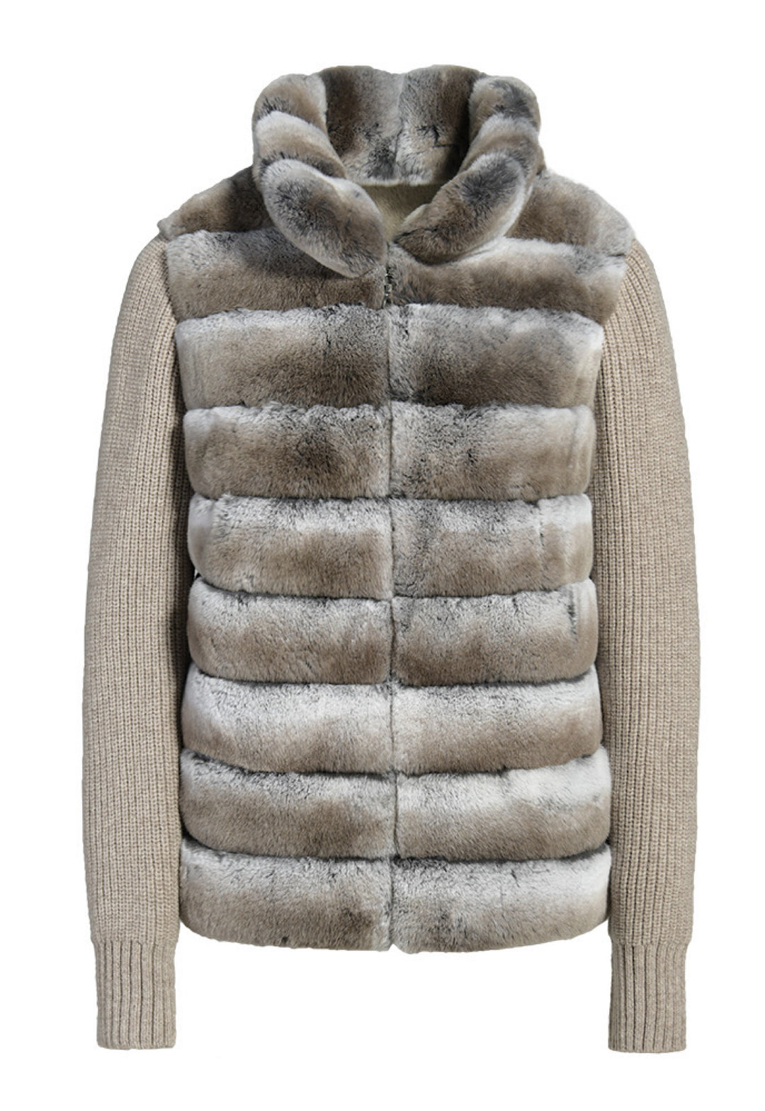 Cashmere jacket in chinchilla-shaded Rex Rabbit fur, blending the elegance of a coat with the softness of a sweater.