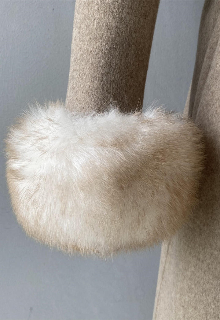 Close up detail of the Saga Furs Fox Fur used on a cashmere coat. 