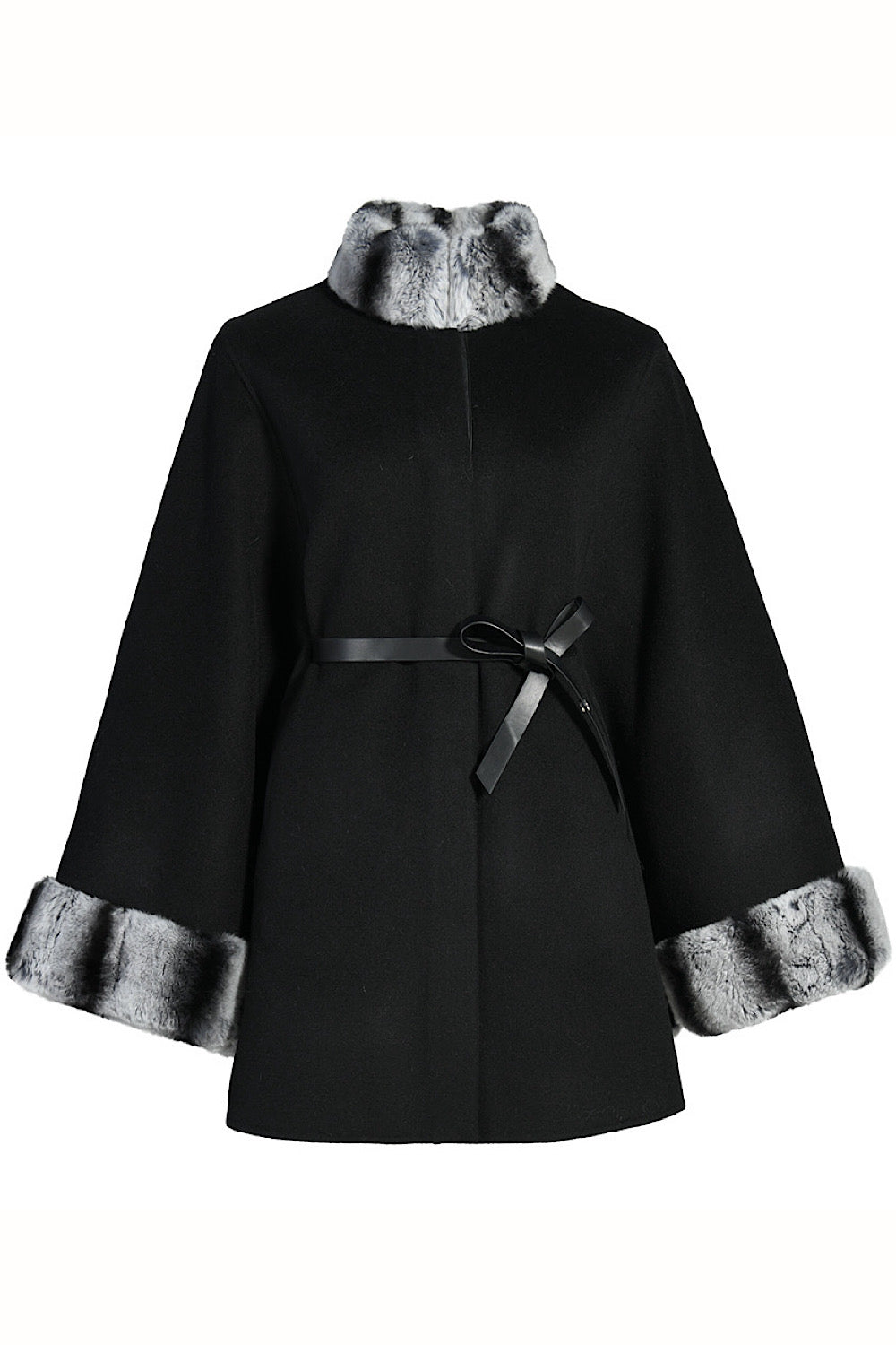 Plus-size double cashmere cape with structured funnel neckline trimmed in soft rex rabbit fur, styled with a removable leather belt for a flattering silhouette.