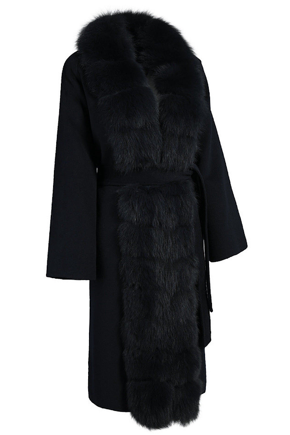 Elegant winter coat in black cashmere, finished with plush fox fur trim for added warmth and sophistication.