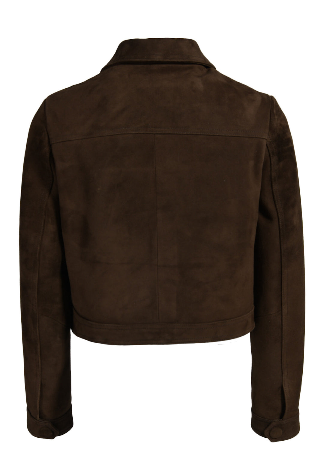 Tailored cropped jacket made from luxurious brown suede, offering a sleek, contemporary fit that pairs well with both casual and elevated outfits.