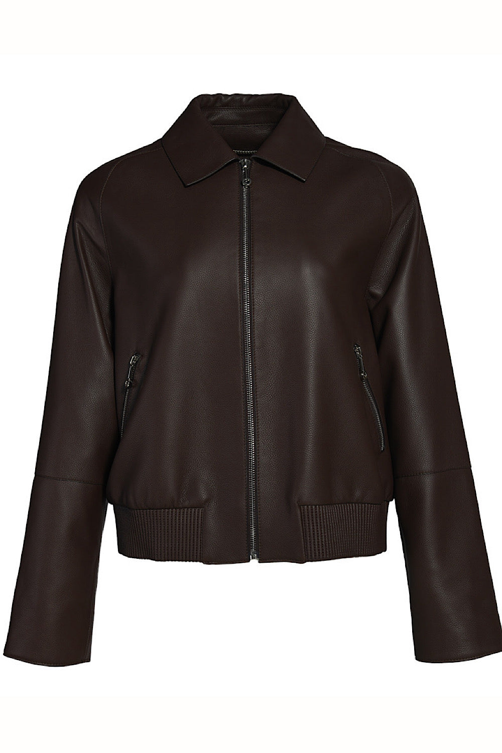 Genuine brown leather jacket featuring a classic silhouette, rich texture, and timeless appeal for versatile styling.