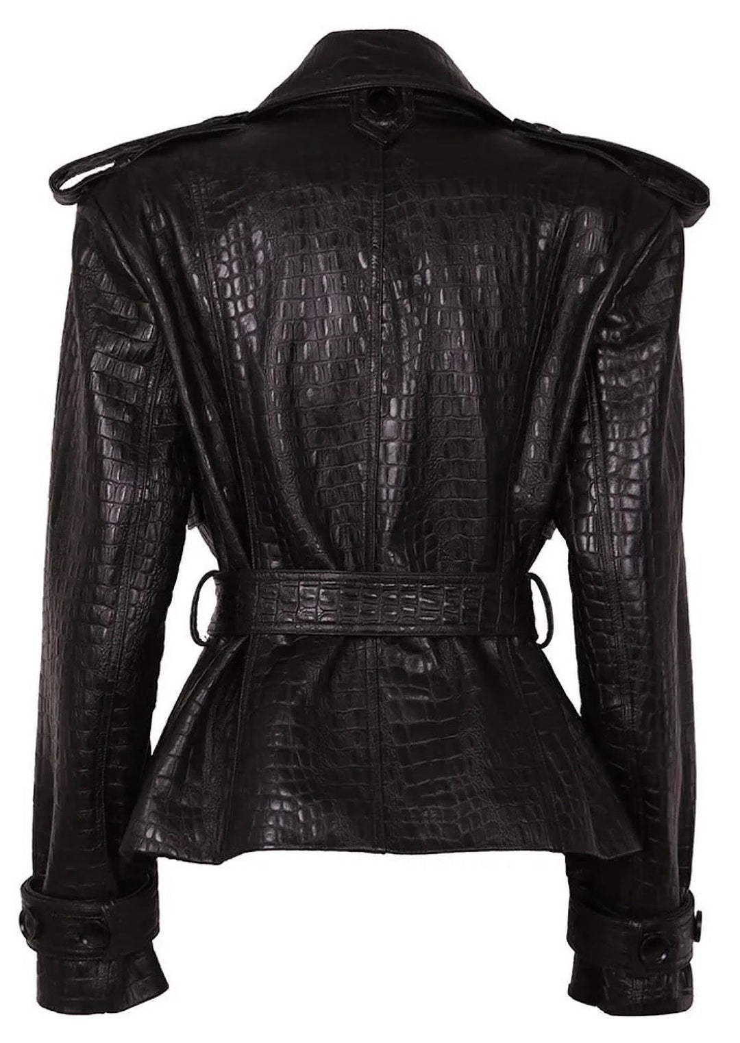 A stylish black croc-embossed leather jacket featuring refined leather details on the shoulders and wrists. This modern design exudes confidence and luxury, perfect for a bold statement.
