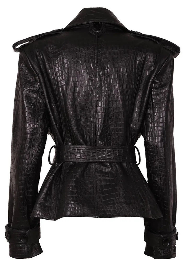 A stylish black croc-embossed leather jacket featuring refined leather details on the shoulders and wrists. This modern design exudes confidence and luxury, perfect for a bold statement.
