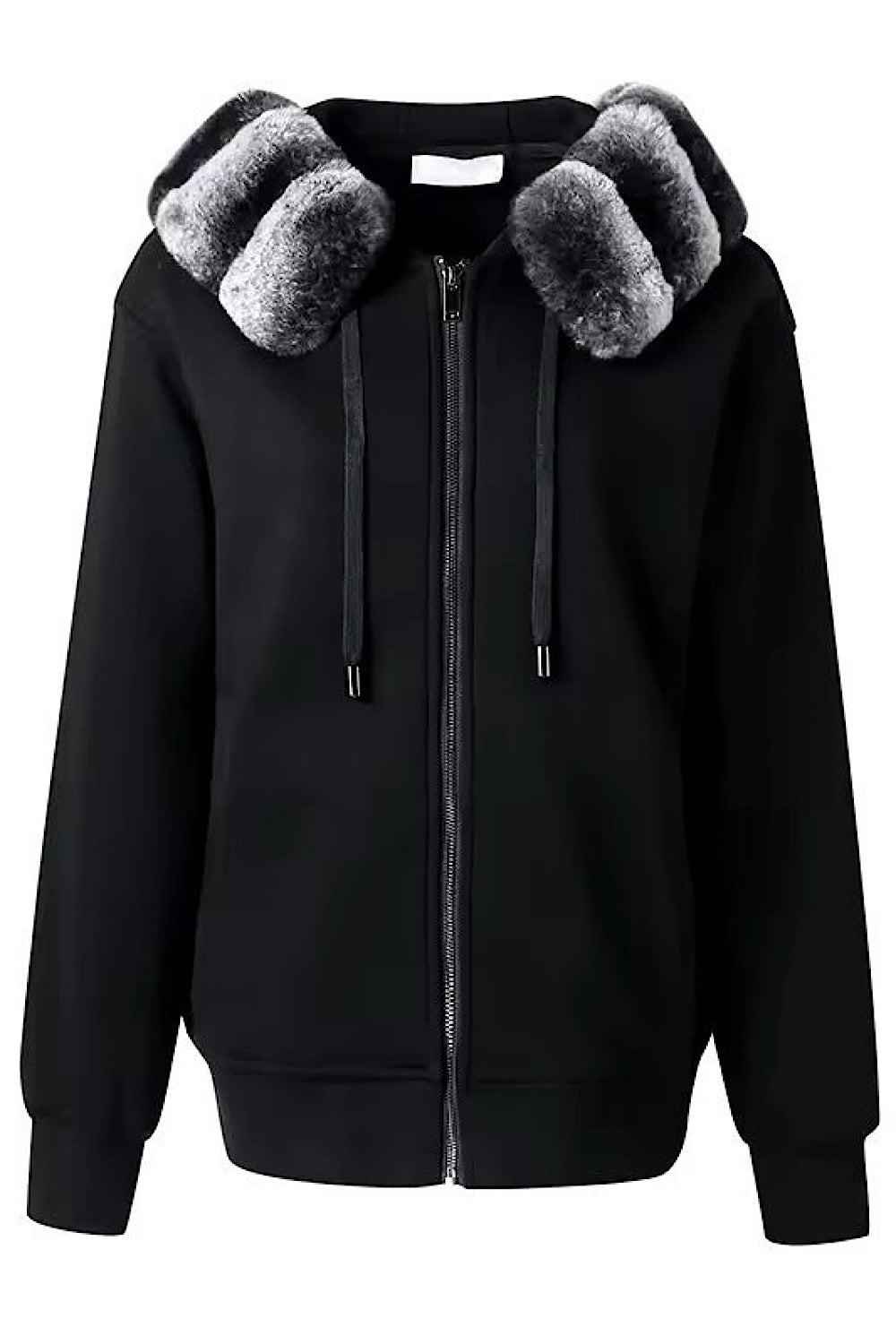 Luxurious black Rex Rabbit Hoodie crafted from ultra-soft fur, featuring a detachable fur lining and front zip for versatile winter wear.
