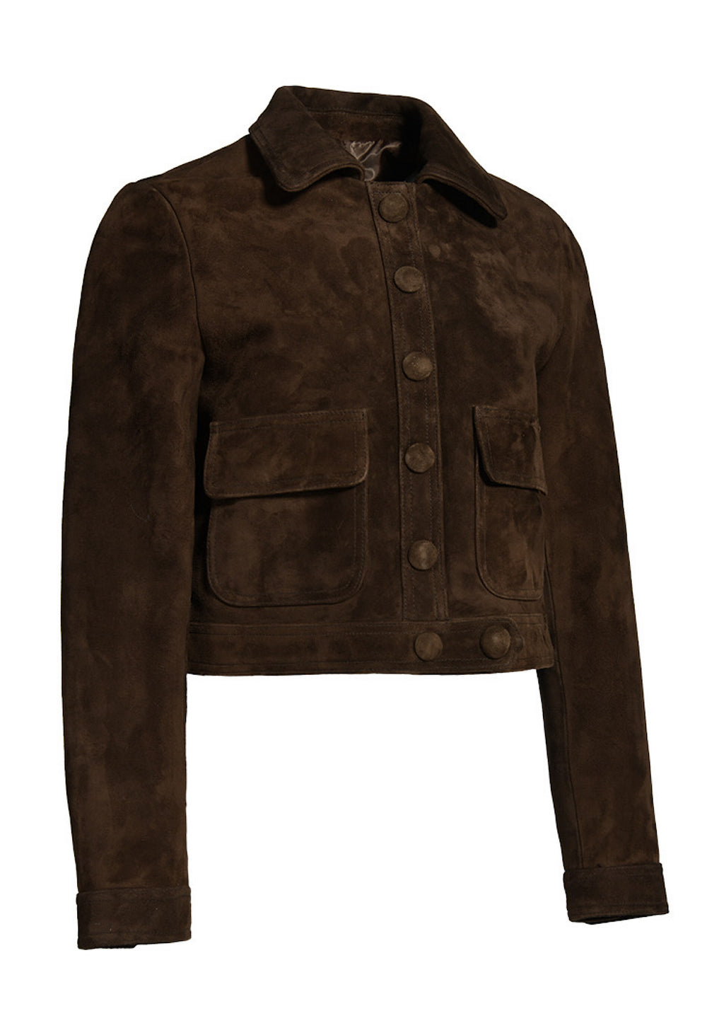 Soft genuine suede jacket in a rich brown hue, designed in a cropped silhouette that adds structure and polish to any look.