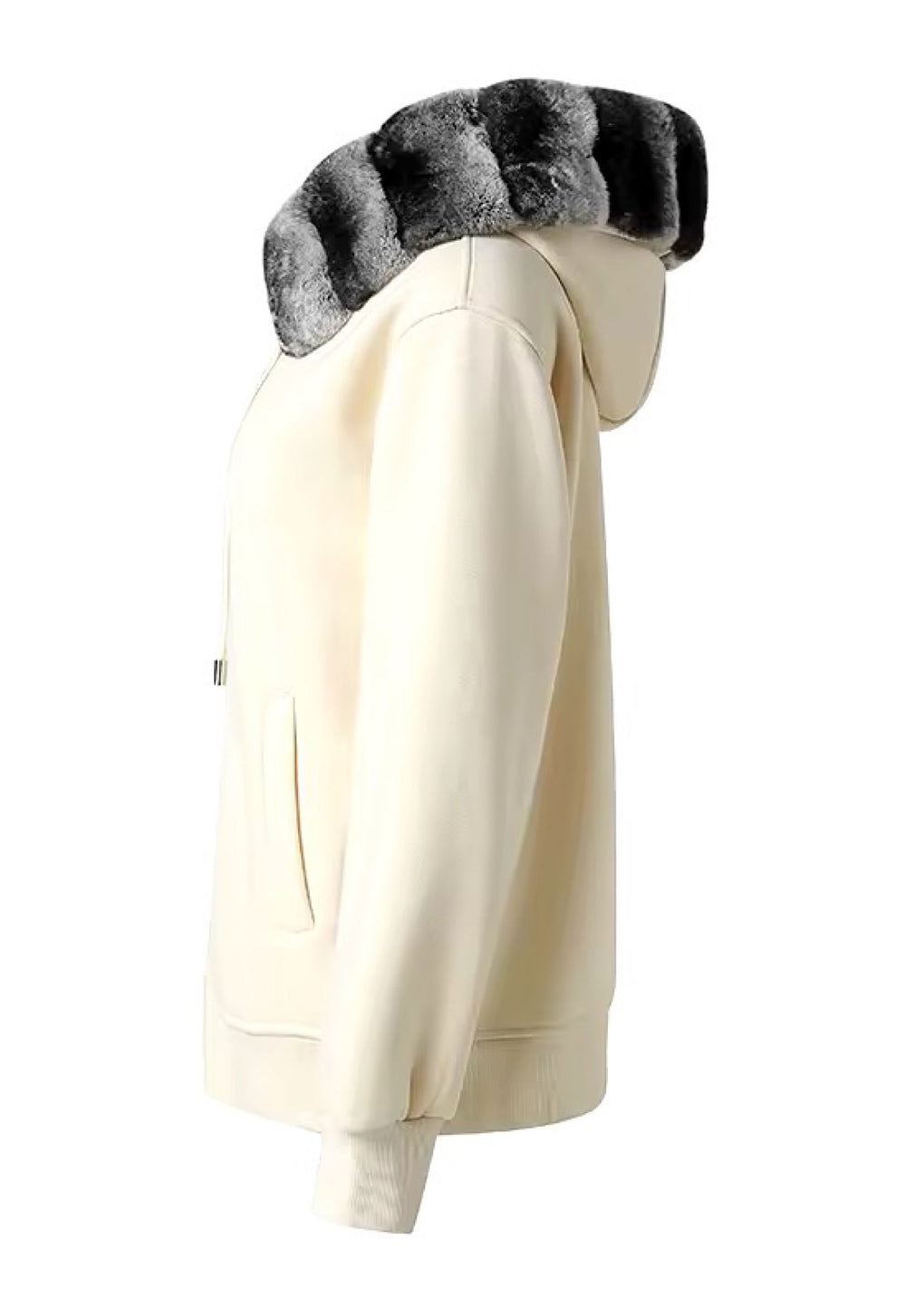 Close-up of a plush ivory Rex Rabbit fur hoodie, showcasing its rich texture and practical design with front zip closure.