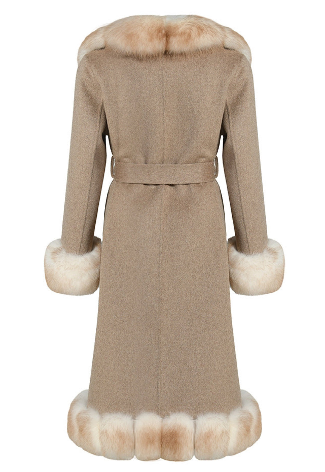 Designer Alcantara coat with fox fur details offering a refined look. Elegant beige coat crafted from soft Alcantara, featuring contrast fur elements that enhance its timeless design.