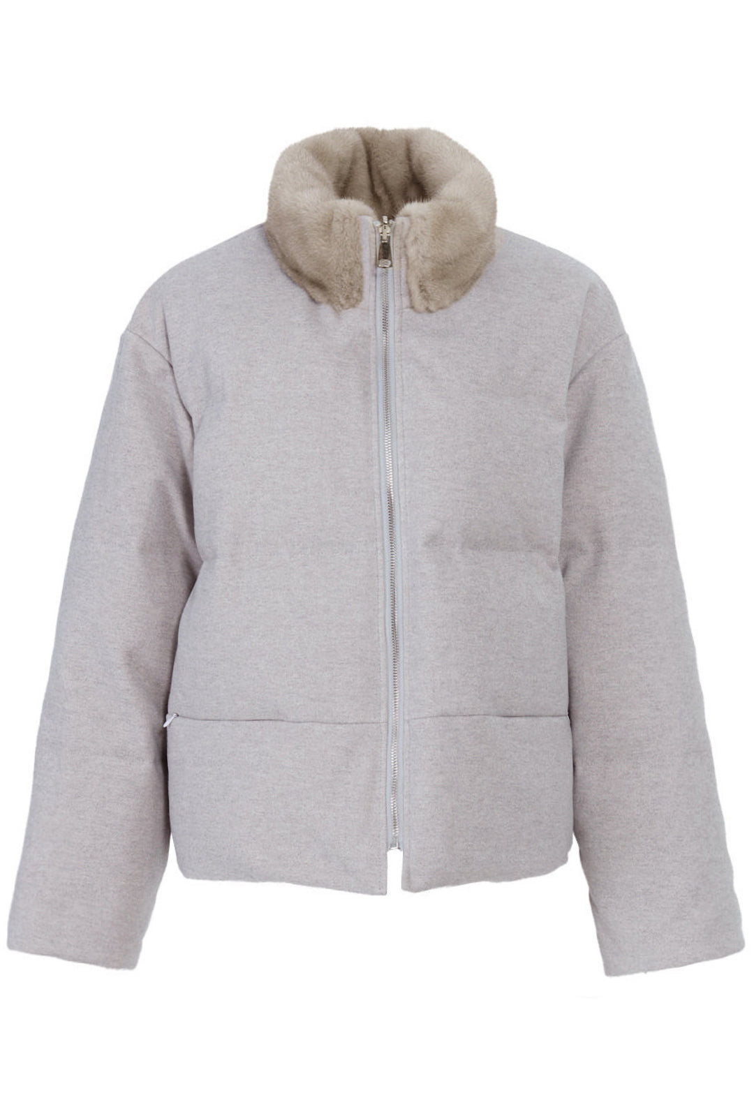 Reversible double-face down jacket displayed flat, featuring fine wool puffer body and a plush mink fur collar for added luxury and warmth.