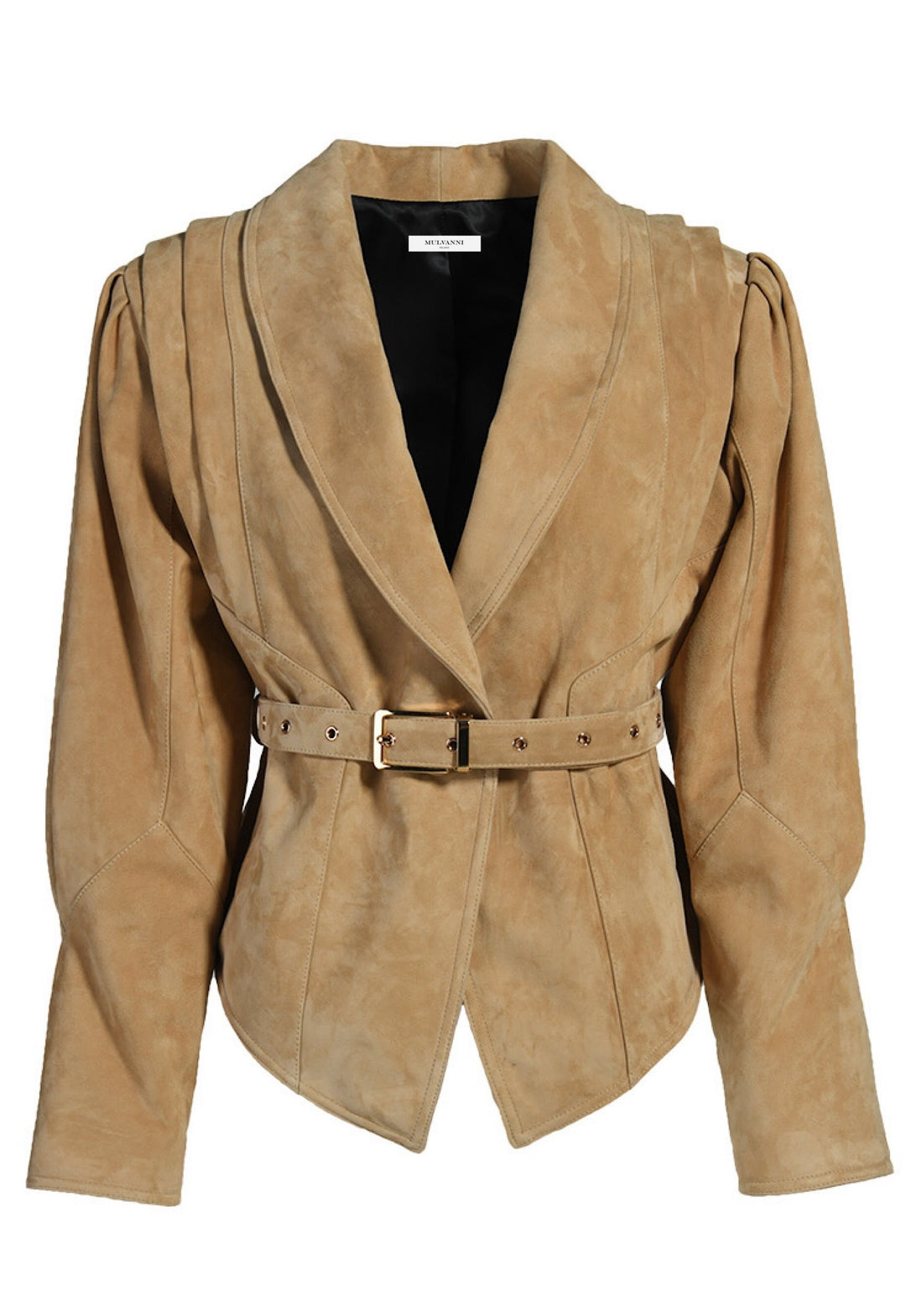 Tailored beige suede jacket crafted from soft, genuine suede, featuring a matching belt that cinches the waist for a defined silhouette.