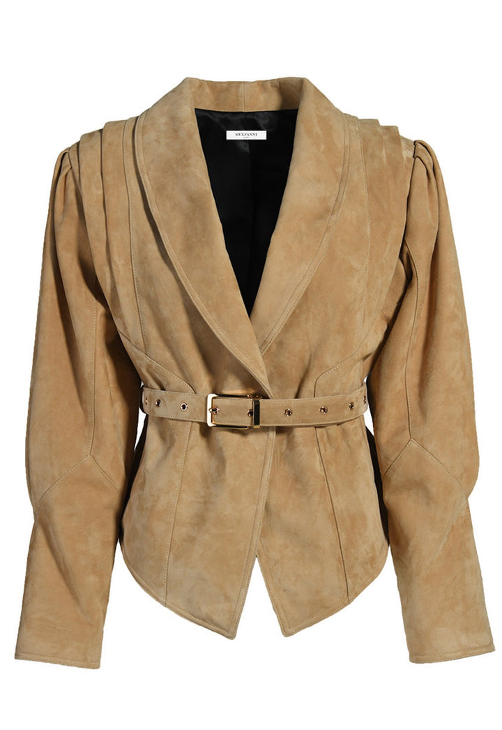 Tailored beige suede jacket crafted from soft, genuine suede, featuring a matching belt that cinches the waist for a defined silhouette.