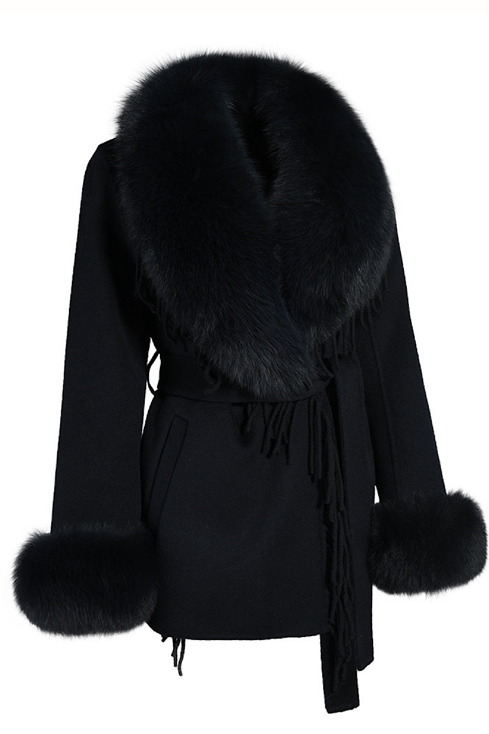 Luxurious black coat crafted from soft cashmere and detailed with rich fox fur accents.