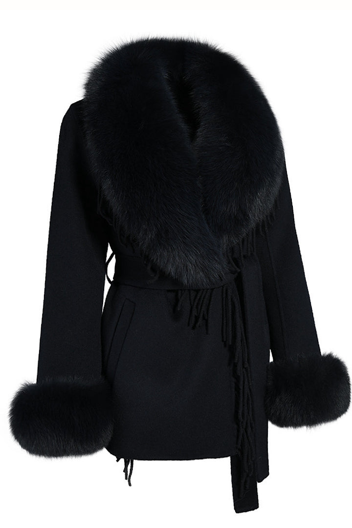 Luxurious black coat crafted from soft cashmere and detailed with rich fox fur accents.